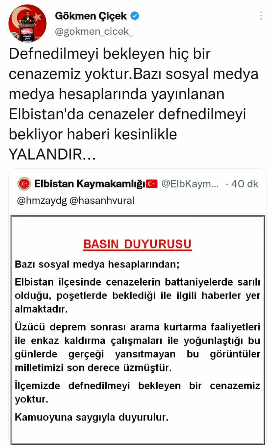 'Battaniyelere sarılı cenaze iddialarına' Elbistan Kaymakamlığı'ndan yalanlama