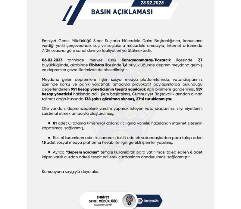 Sosyal medyada depremle ilgili provokatif paylaşımlarda bulunan 27 kişi tutuklandı Sosyal medyada depremle ilgili provokatif paylaşımlarda bulunan 27 kişi tutuklandı