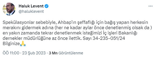 Eleştiri oklarının hedefi olan Haluk Levent, Ahbap’ın denetlenmesi için İçişleri Bakanlığı’na başvurdu Eleştiri oklarının hedefi olan Haluk Levent, Ahbap’ın denetlenmesi için İçişleri Bakanlığı’na başvurdu