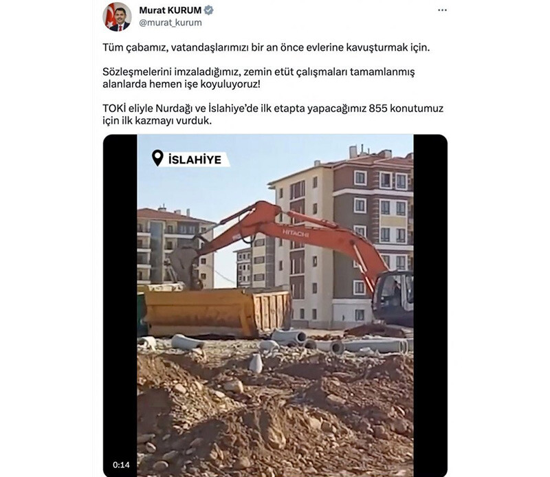 Bakan Kurum duyurdu: Gaziantep'te 855 yeni konut için ilk kazma vuruldu