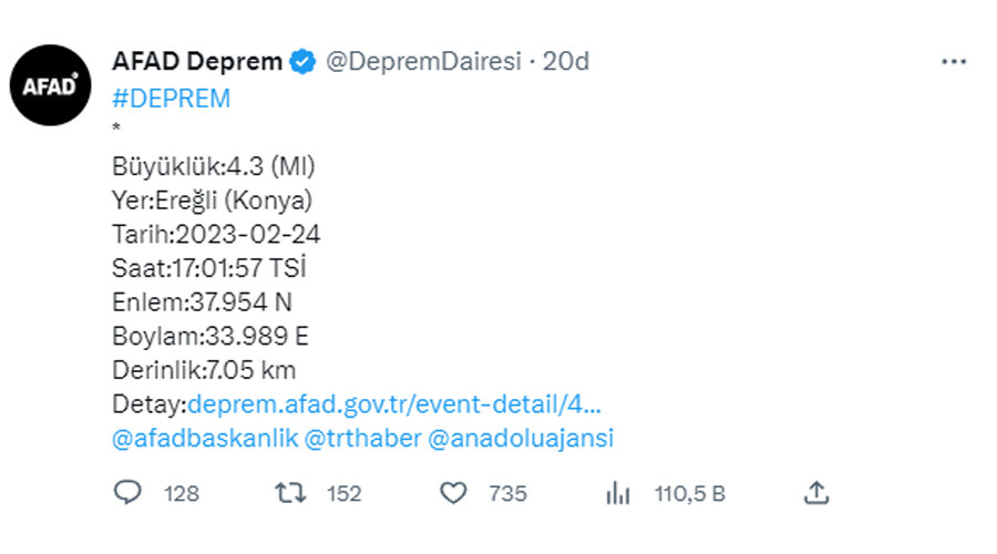 Son dakika! AFAD açıkladı: Konya'da deprem meydana geldi