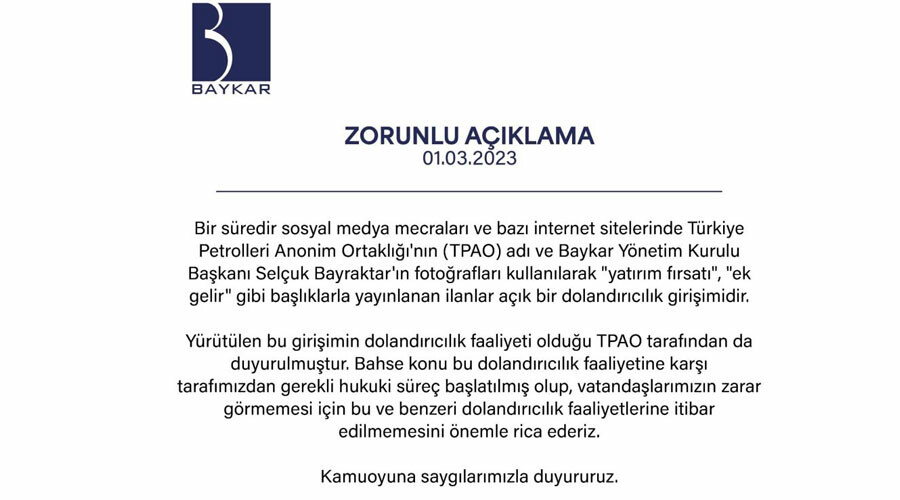 Selçuk Bayraktar’ın fotoğrafları kullanılarak ilan verilmişti: Baykar’dan dolandırıcılık girişimi uyarısı Selçuk Bayraktar’ın fotoğrafları kullanılarak ilan verilmişti: Baykar’dan dolandırıcılık girişimi uyarısı