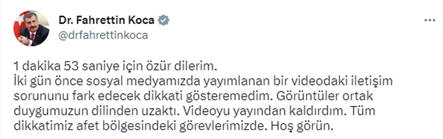 Sağlık Bakanı Fahrettin Koca, tepki çeken video için özür diledi: Yayından kaldırdım