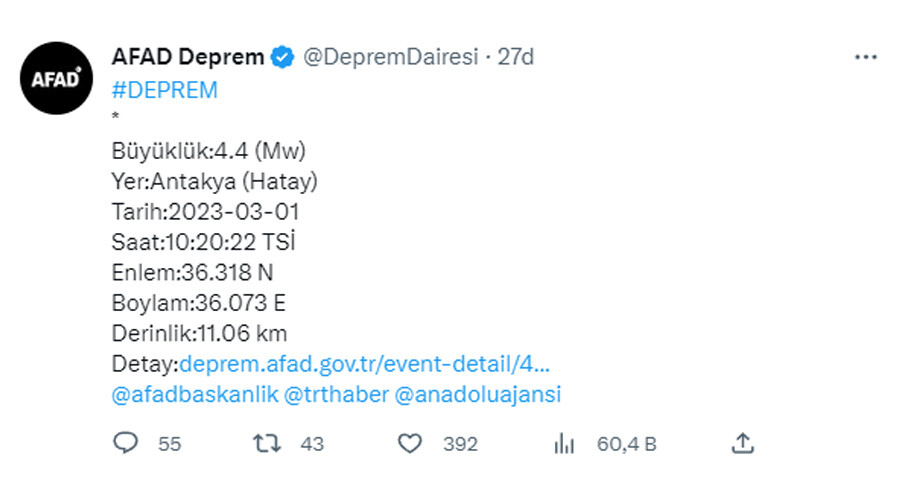 Son dakika: Hatay'ın Antakya ilçesinde 4,4 büyüklüğünde deprem Son dakika: Hatay'ın Antakya ilçesinde 4,4 büyüklüğünde deprem