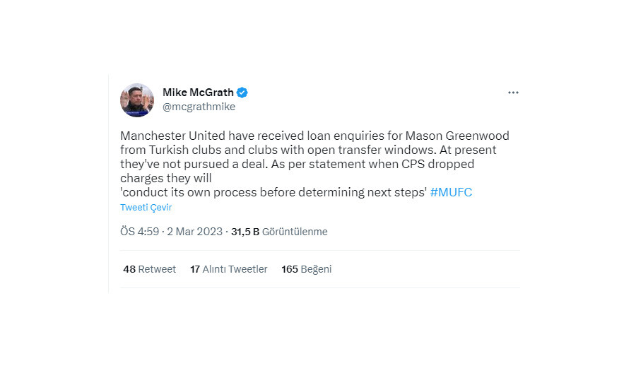 Fenerbahçe Mason Greenwood için Manchester United'a kiralama teklifini sundu Fenerbahçe Mason Greenwood için Manchester United'a kiralama teklifini sundu