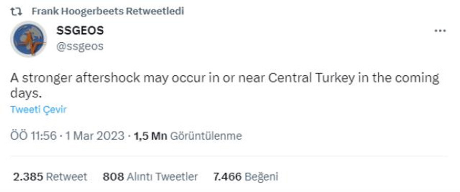 6 Şubat depremini 3 gün önce tahmin eden Frank Hoogerbeets, Türkiye'den bir bölgeyi işaret etti: Daha güçlü artçılar meydana gelebilir 6 Şubat depremini 3 gün önce tahmin eden Frank Hoogerbeets, Türkiye'den bir bölgeyi işaret etti: Daha güçlü artçılar meydana gelebilir