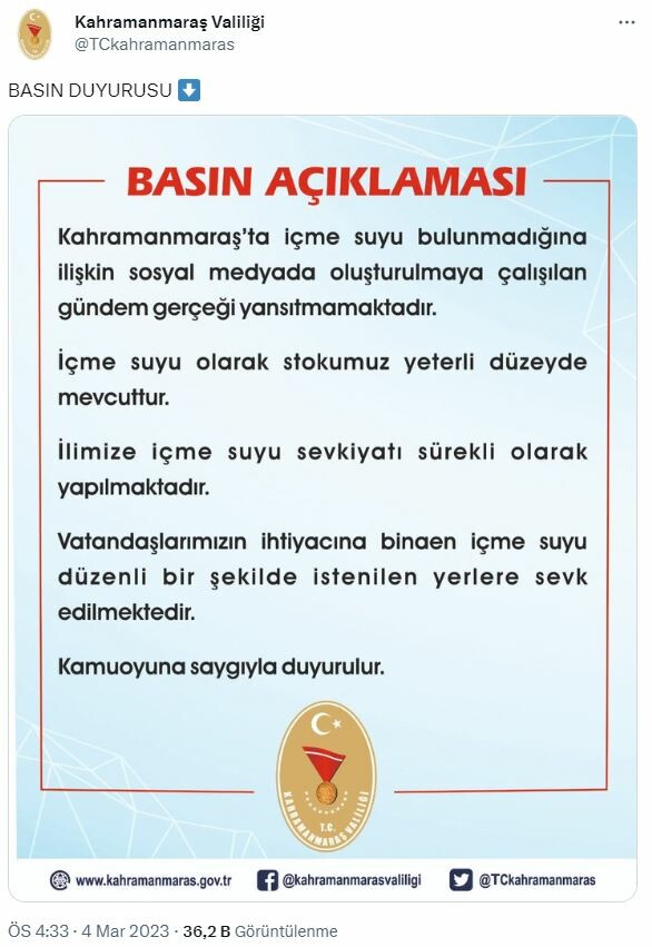 Kahramanmaraş Valiliği: İçme suyu olarak stokumuz yeterli düzeyde mevcuttur