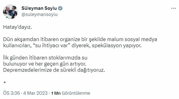 İçişleri Bakanı Soylu 'Hatay'da su sıkıntısı' iddialarına cevap verdi