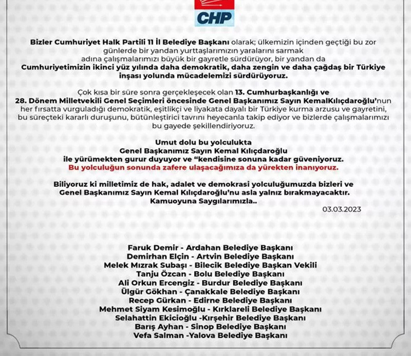 CHP'li 11 il belediye başkanından Kemal Kılıçdaroğlu'na destek CHP'li 11 il belediye başkanından Kemal Kılıçdaroğlu'na destek