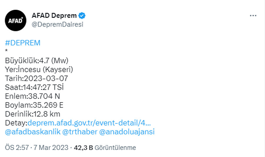 Son dakika: Kayseri’de peş peşe üç deprem! Çevre illerden de hissedildi (7 Mart 2023 son depremler) Son dakika: Kayseri’de peş peşe üç deprem! Çevre illerden de hissedildi (7 Mart 2023 son depremler)