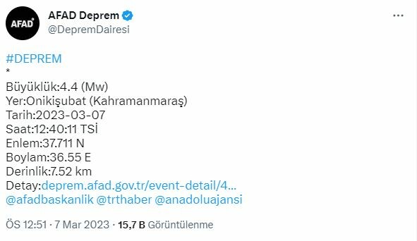 Son dakika... Kahramanmaraş'ta 4,4 büyüklüğünde deprem (7 Mart 2023 son depremler)