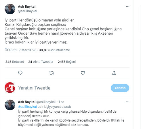 Aslı Baykal'dan İYİ Parti'ye Kılıçdaroğlu uyarısı: İlk iş Akşener'i yetkisizleştirecek Aslı Baykal'dan İYİ Parti'ye Kılıçdaroğlu uyarısı: İlk iş Akşener'i yetkisizleştirecek