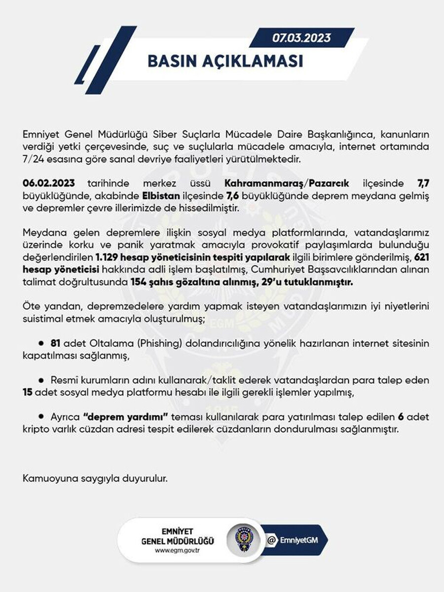 EGM'den deprem provokasyonuna geçit yok: 29 sosyal medya provokatörü tutuklandı