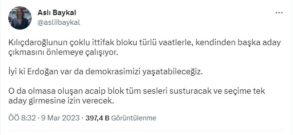Aslı Baykal'dan Kılıçdaroğlu'na adaylık eleştirisi, Erdoğan'a övgü Aslı Baykal'dan Kılıçdaroğlu'na adaylık eleştirisi, Erdoğan'a övgü