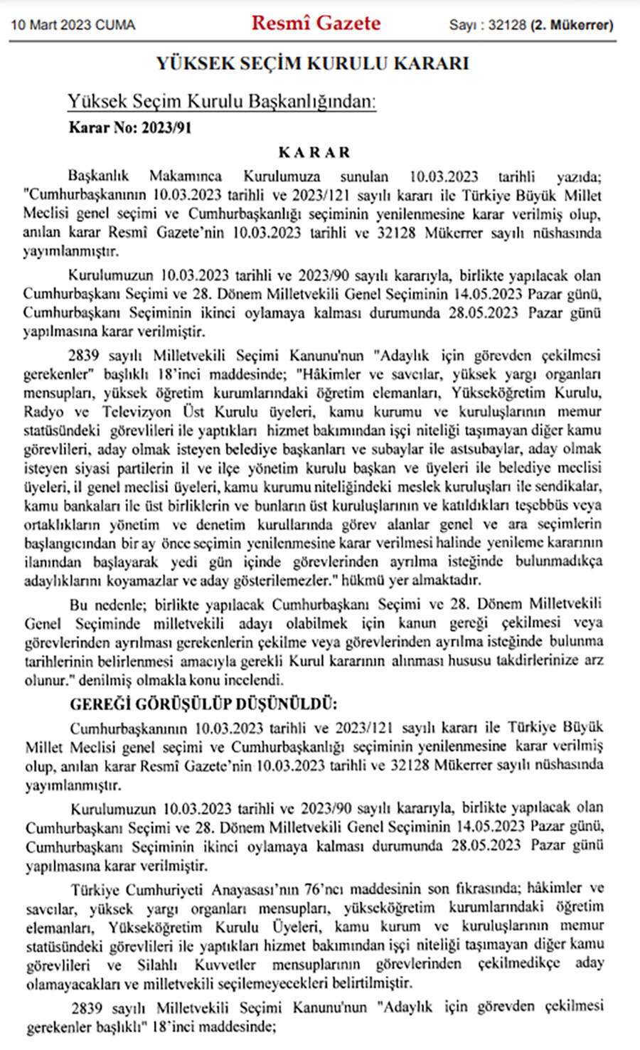 YSK'nın seçime ilişkin kararları Resmî Gazete'de yayımlandı