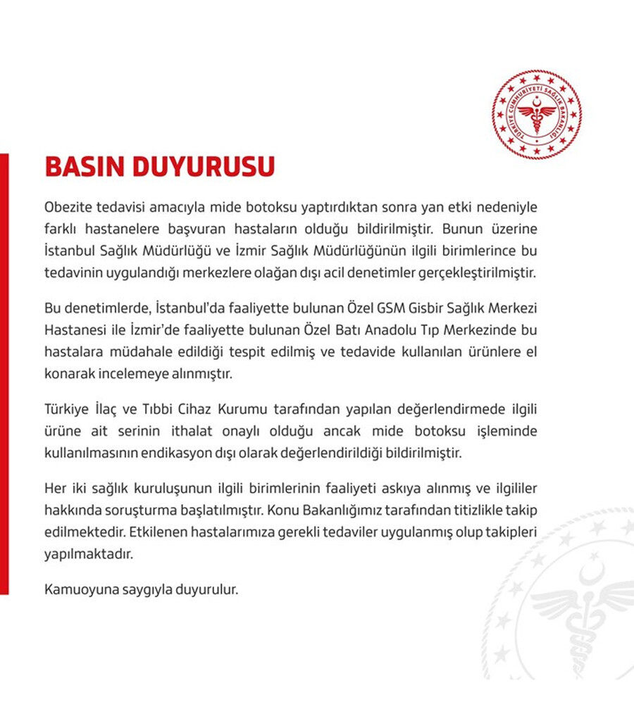 Sağlık Bakanlığı'ndan İstanbul ve İzmir'deki iki işletmeye 'mide botoksu' soruşturması Sağlık Bakanlığı'ndan İstanbul ve İzmir'deki iki işletmeye 'mide botoksu' soruşturması