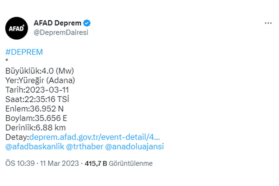 Son dakika: Adana'da 4 büyüklüğünde deprem meydana geldi Son dakika: Adana'da 4 büyüklüğünde deprem meydana geldi