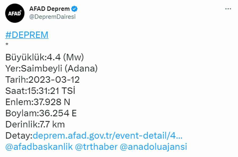Son dakika! Adana'da 4.4 büyüklüğünde deprem (12 Mart 2023 son depremler) Son dakika! Adana'da 4.4 büyüklüğünde deprem (12 Mart 2023 son depremler)