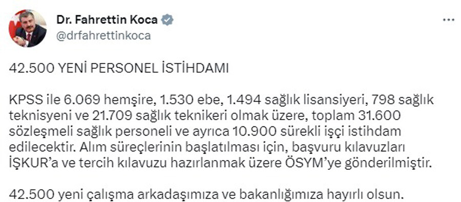 Son dakika! Bakan Koca duyurdu: 42 bin 500 personel istihdam edilecek Son dakika! Bakan Koca duyurdu: 42 bin 500 personel istihdam edilecek
