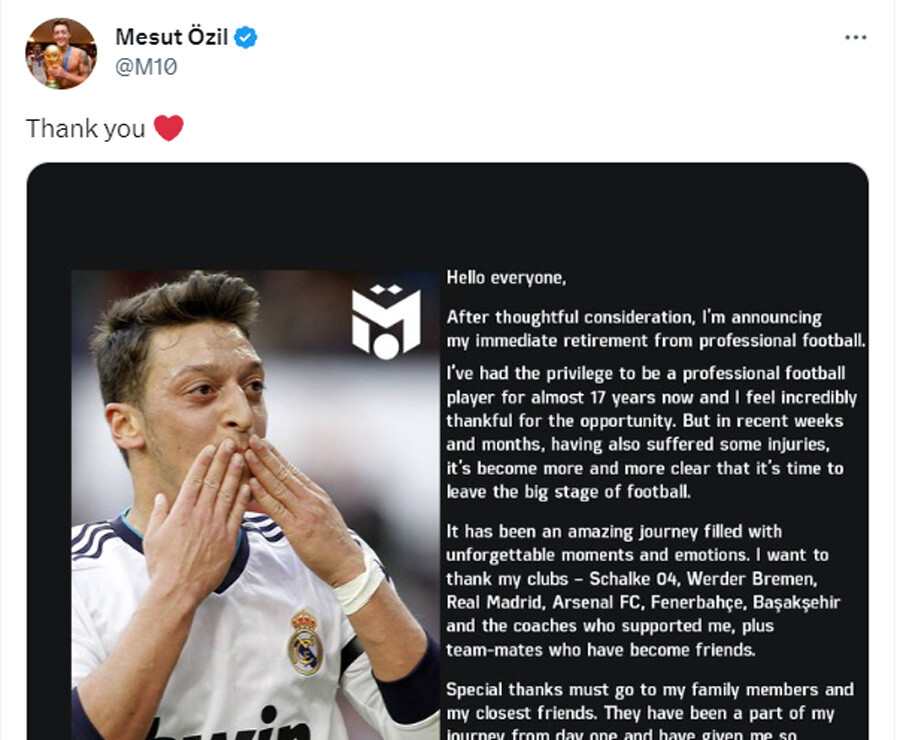 Son dakika: Mesut Özil futbolu bıraktığını açıkladı Son dakika: Mesut Özil futbolu bıraktığını açıkladı