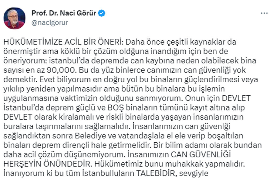 Prof. Dr. Naci Görür hükümete seslendi, İstanbul için 'acil öneri'sini paylaştı Prof. Dr. Naci Görür hükümete seslendi, İstanbul için 'acil öneri'sini paylaştı