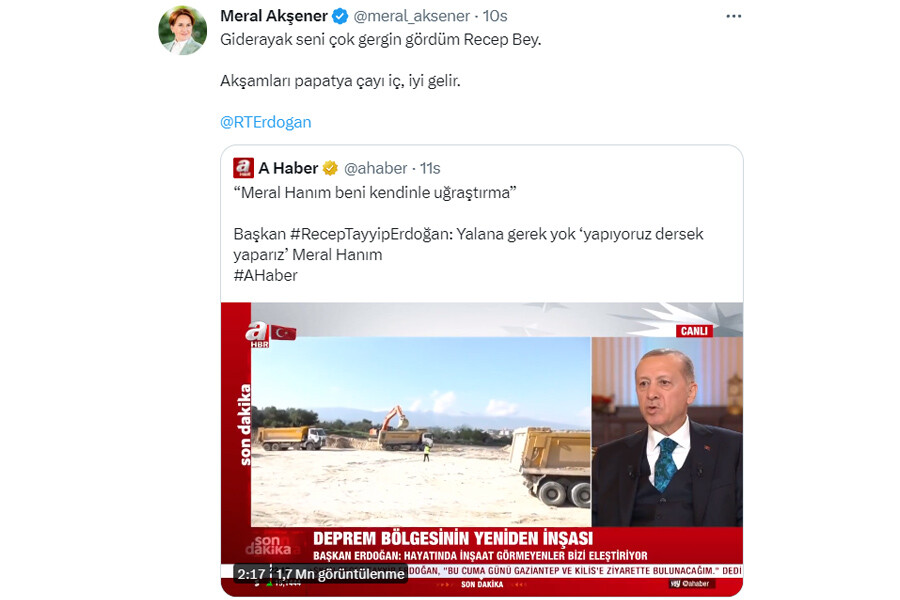 AK Parti Sözcüsü Çelik’ten Akşener’in Erdoğan paylaşımına sert tepki: Kınıyoruz, kendisine iade ediyoruz AK Parti Sözcüsü Çelik’ten Akşener’in Erdoğan paylaşımına sert tepki: Kınıyoruz, kendisine iade ediyoruz