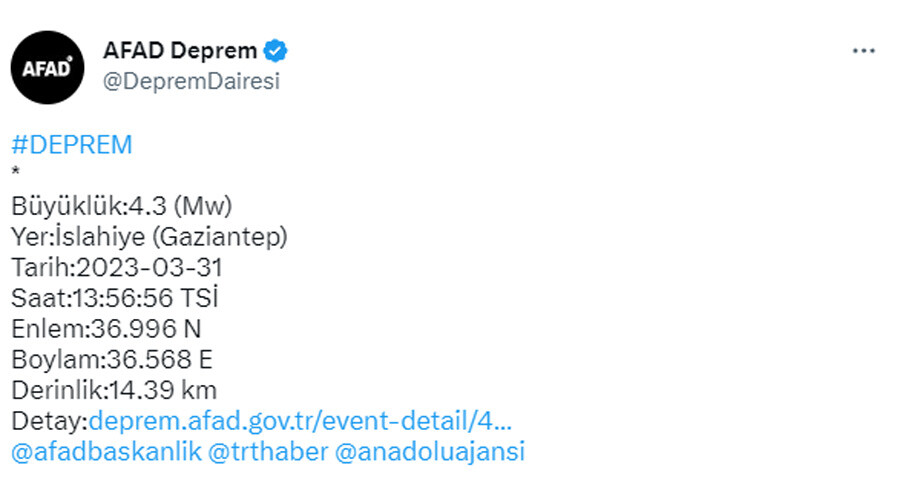 Son dakika: Gaziantep'te 4.3 büyüklüğünde deprem (Son depremler)