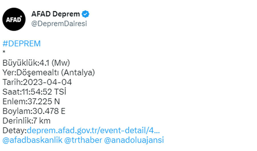 Son dakika: Antalya'da 4.1 büyüklüğünde deprem (Son depremler)