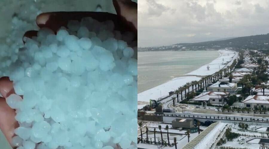 Nisan ayında İzmir’e dolu yağdı: Çeşme sahili beyaza büründü Nisan ayında İzmir’e dolu yağdı: Çeşme sahili beyaza büründü