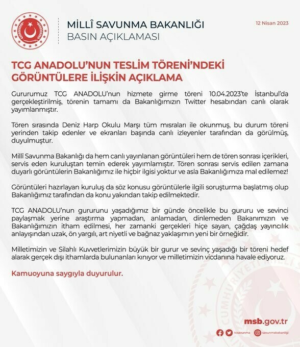 MSB’den TCG Anadolu’nun teslim törenindeki görüntülere ilişkin açıklama: Soruşturma başlatıldı MSB’den TCG Anadolu’nun teslim törenindeki görüntülere ilişkin açıklama: Soruşturma başlatıldı
