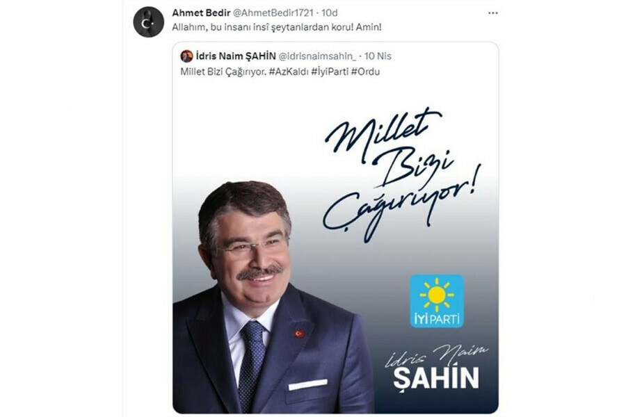 Firari FETÖ'cüden İYİ Parti Ordu 1. sıradan aday gösterilen İdris Naim Şahin'e dua