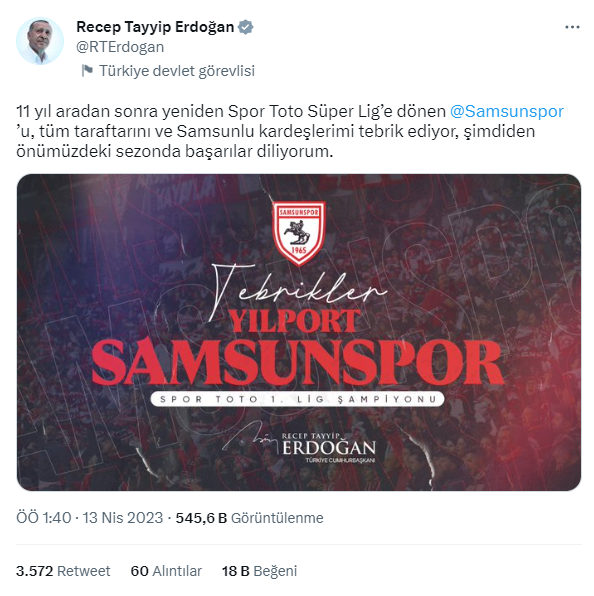 Cumhurbaşkanı Erdoğan, Samsunspor'u tebrik etti