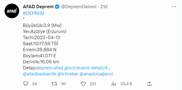 Son dakika: Erzurum'da deprem oldu (AFAD son depremler listesi)