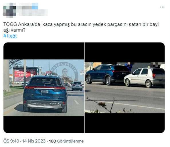 Togg ilk kazasını yaptı! Sosyal medyada gündem oldu Togg ilk kazasını yaptı! Sosyal medyada gündem oldu