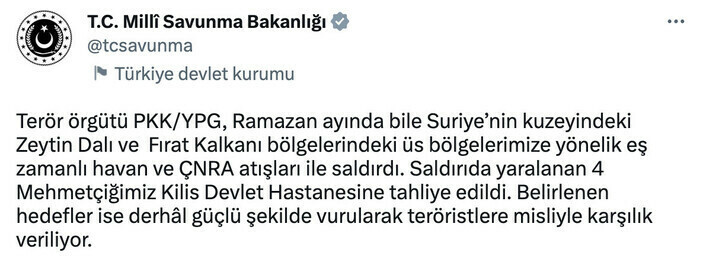 Son dakika: PKK'dan Zeytin Dalı ve Fırat Kalkanı bölgelerine hain saldırı: 4 asker yaralı Son dakika: PKK'dan Zeytin Dalı ve Fırat Kalkanı bölgelerine hain saldırı: 4 asker yaralı