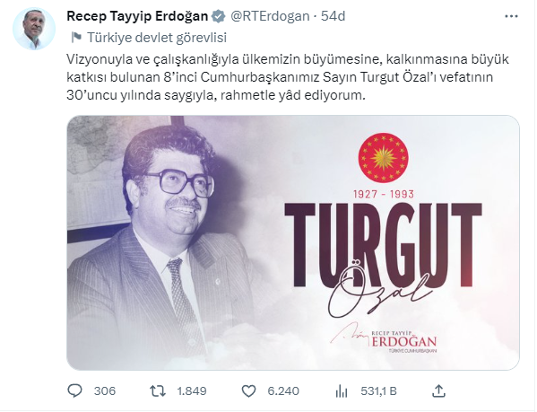 Cumhurbaşkanı Erdoğan’dan Turgut Özal paylaşımı: Vizyonuyla ve çalışkanlığıyla ülkemizin kalkınmasına büyük katkısı bulundu