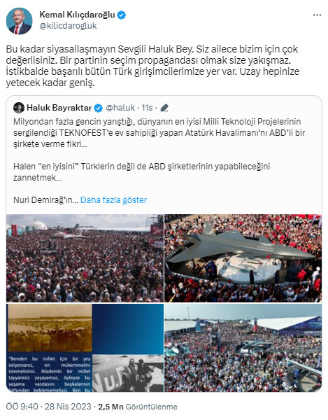 CHP Lideri Kılıçdaroğlu’ndan Haluk Bayraktar’a ‘Atatürk Havalimanı’ cevabı: Siz ailece bizim için çok değerlisiniz