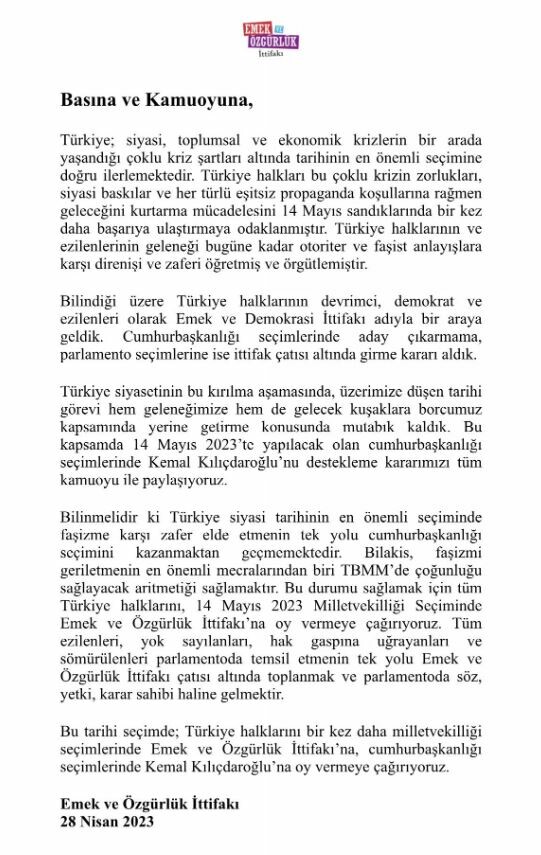 Son dakika... Emek ve Özgürlük İttifakı'ndan Kılıçdaroğlu'na destek kararı