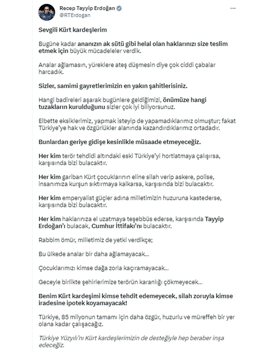 Son dakika: Cumhurbaşkanı Erdoğan'dan Kürt vatandaşlara mesaj: Her kim haklarınıza el uzatmaya teşebbüs ederse...