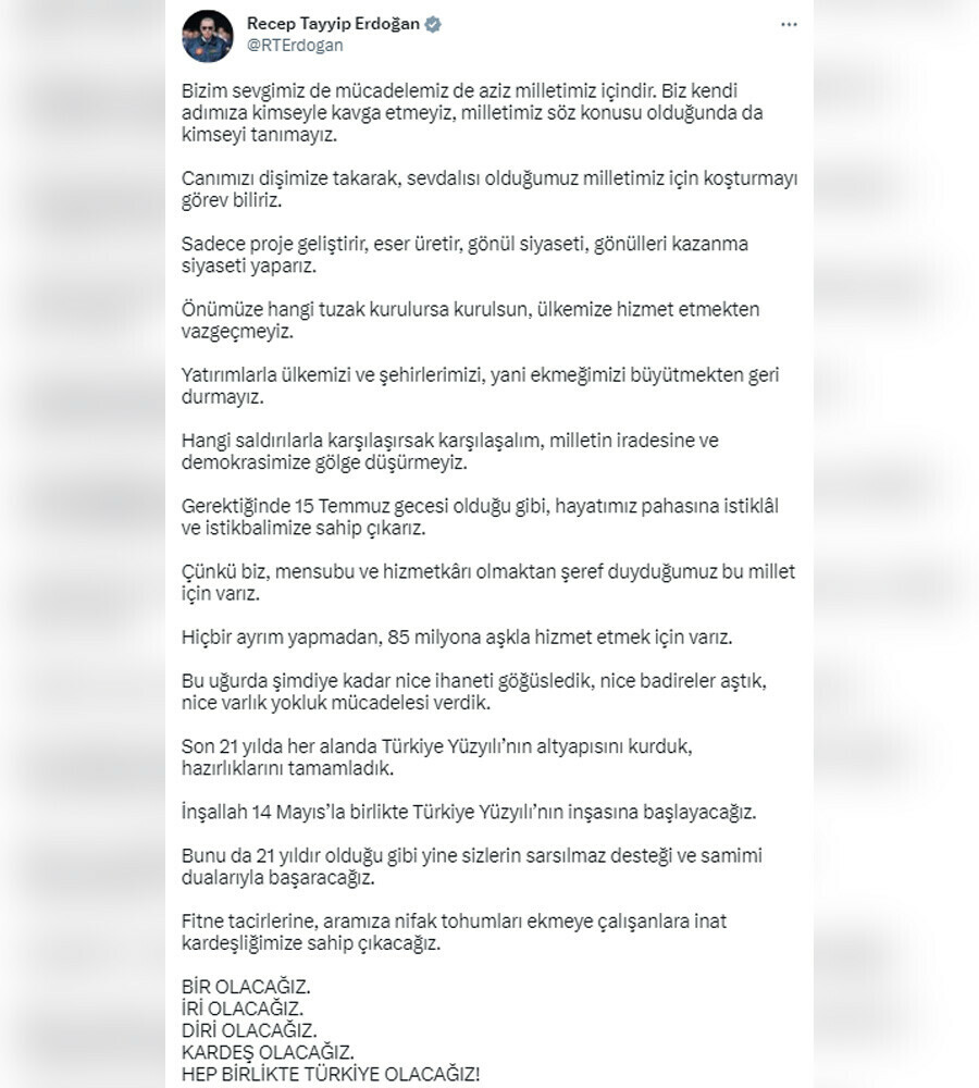 Cumhurbaşkanı Erdoğan'dan 14 Mayıs mesajı: Birlikte Türkiye Yüzyılı’nın inşasına başlayacağız