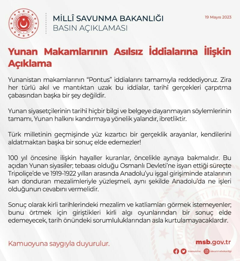 MSB'den Yunanistan'ın 'Pontus' iddialarına sert cevap: Her türlü akıl ve mantıktan uzak