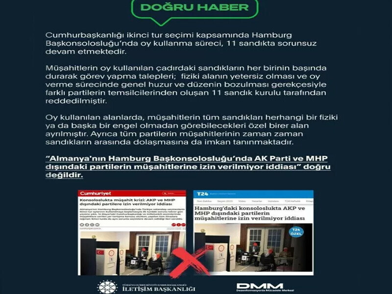 Hamburg iddiası yalan çıktı: İletişim başkanlığı açıkladı: Oy verme işlemi sorunsuz devam ediyor Hamburg iddiası yalan çıktı: İletişim başkanlığı açıkladı: Oy verme işlemi sorunsuz devam ediyor