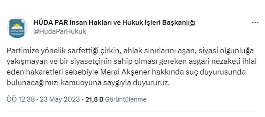 HÜDA-PAR'dan Akşener'in 'dangalak' sözlerine suç duyurusu HÜDA-PAR'dan Akşener'in 'dangalak' sözlerine suç duyurusu
