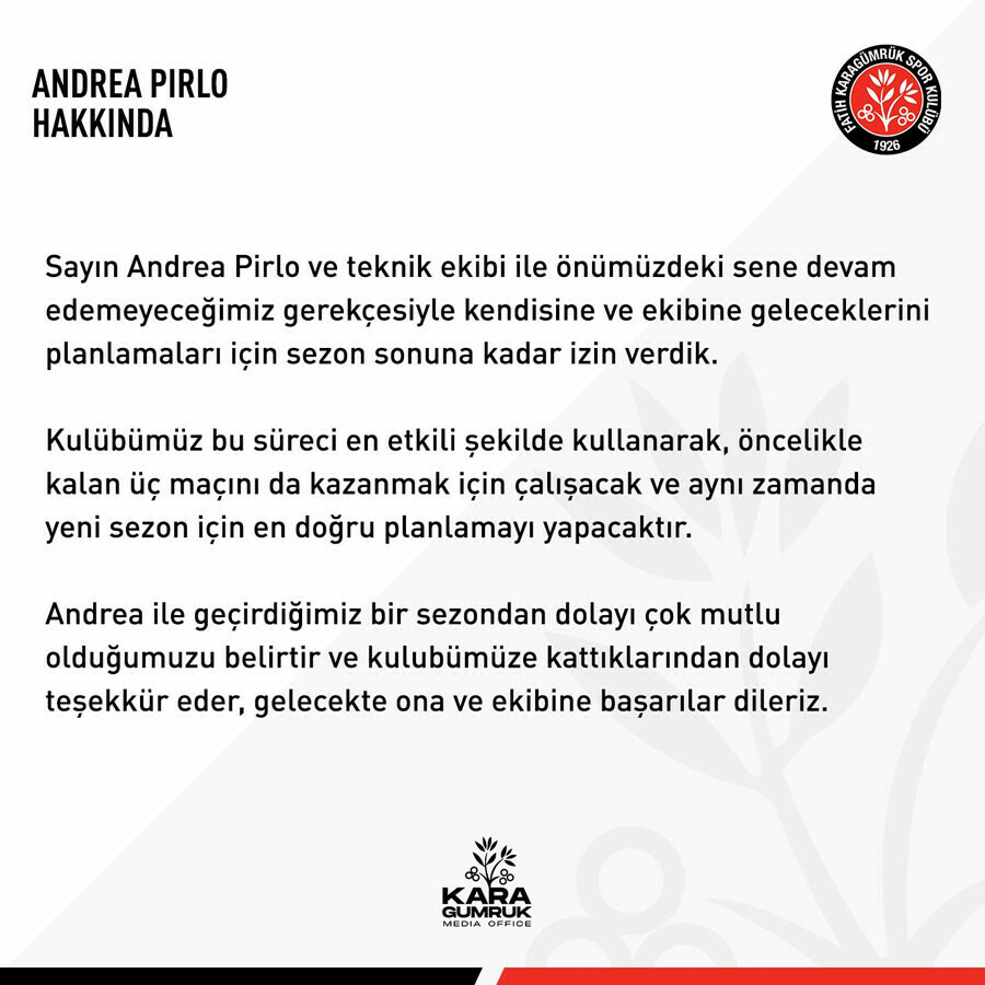 Fatih Karagümrük Pirlo'yla yollarını ayırdı