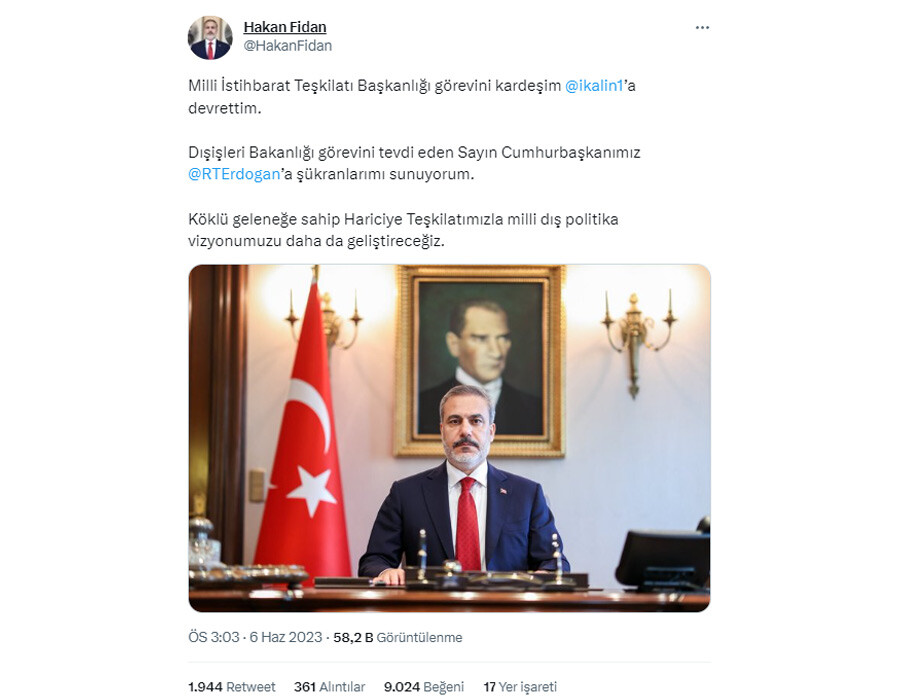 Bakan Fidan'dan Twitter'da ilk paylaşım: Milli dış politika vizyonumuzu daha da geliştireceğiz