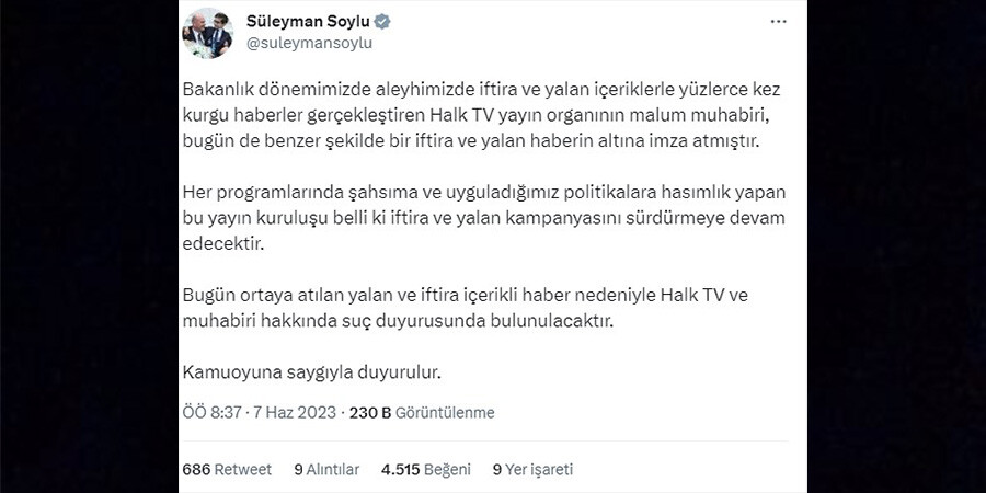 Süleyman Soylu, hakkında yapılan habere sert çıktı: Suç duyurusunda bulunacağım Süleyman Soylu, hakkında yapılan habere sert çıktı: Suç duyurusunda bulunacağım