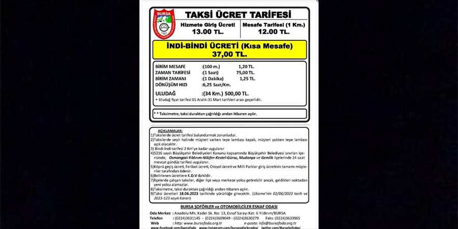 Bursa'da taksi ücretlerine yüzde 50 zam geldi