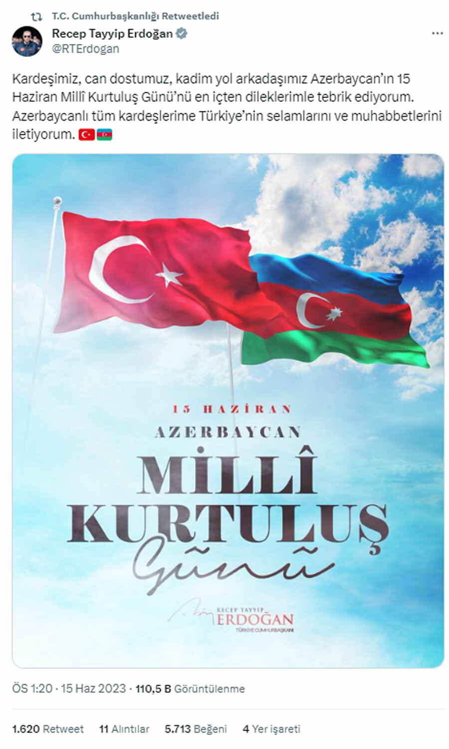 Cumhurbaşkanı Erdoğan, Azerbaycan'ın Milli Kurtuluş Günü'nü kutladı Cumhurbaşkanı Erdoğan, Azerbaycan'ın Milli Kurtuluş Günü'nü kutladı