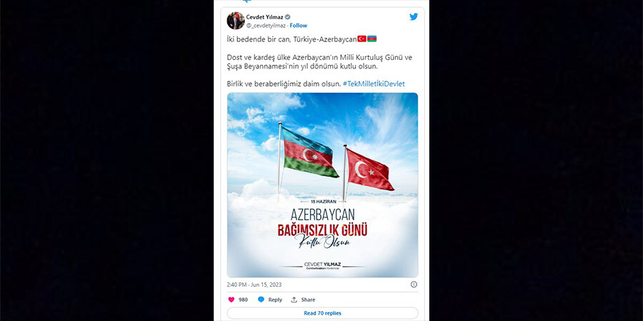 Cumhurbaşkanı Yardımcısı Yılmaz'dan Azerbaycan'a anlamlı kutlama Cumhurbaşkanı Yardımcısı Yılmaz'dan Azerbaycan'a anlamlı kutlama