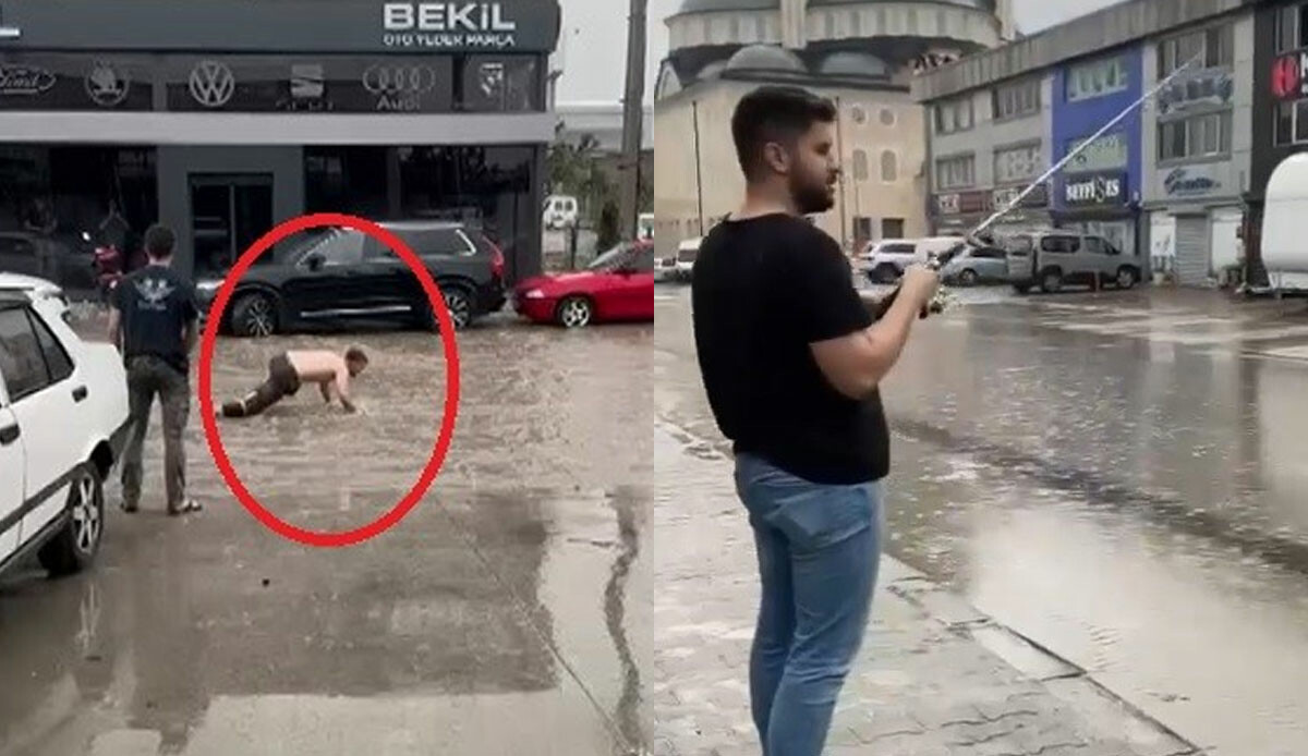 Sele aldırış etmediler: Balık tutup yüzmeye çalıştılar Sele aldırış etmediler: Balık tutup yüzmeye çalıştılar